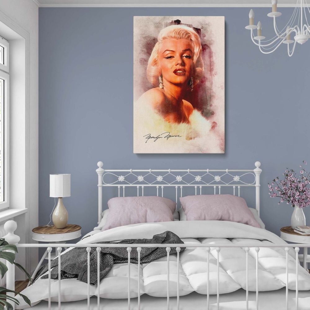 Watercolor portrait of Marilyn Monroe in glamorous fur stole with signature ideal for vintage Hollywood canvas fans and lovers of retro wall art print and classic actress decor.