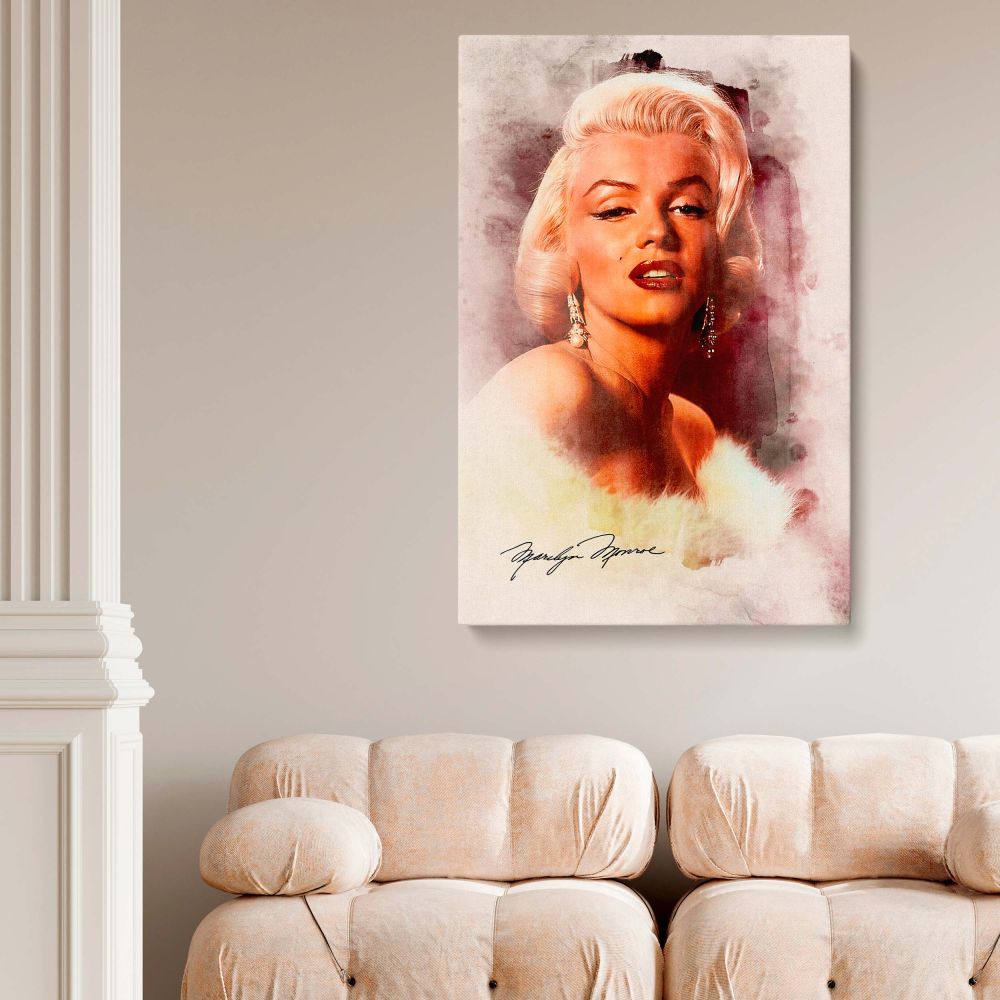 Marilyn Monroe captured in elegant watercolor style wearing a fur stole with signature included makes a stunning vintage Hollywood canvas and retro wall art piece.