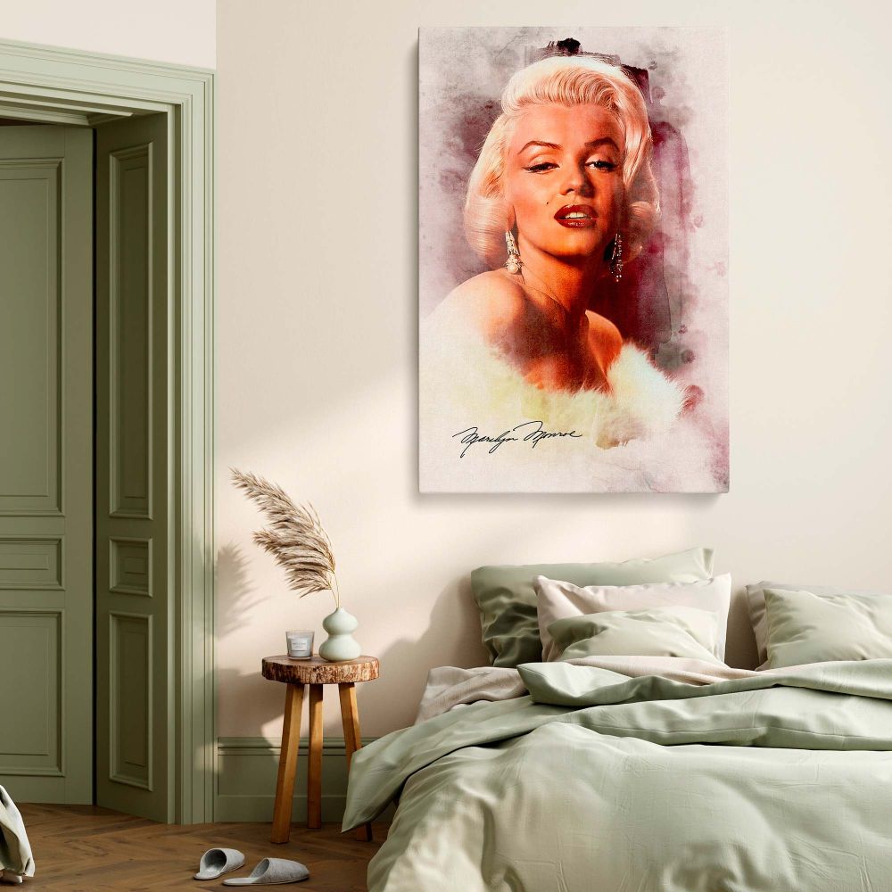 Retro wall art print of Marilyn Monroe in watercolor effect with soft fur and signature perfect for classic actress decor and vintage Hollywood canvas styling.