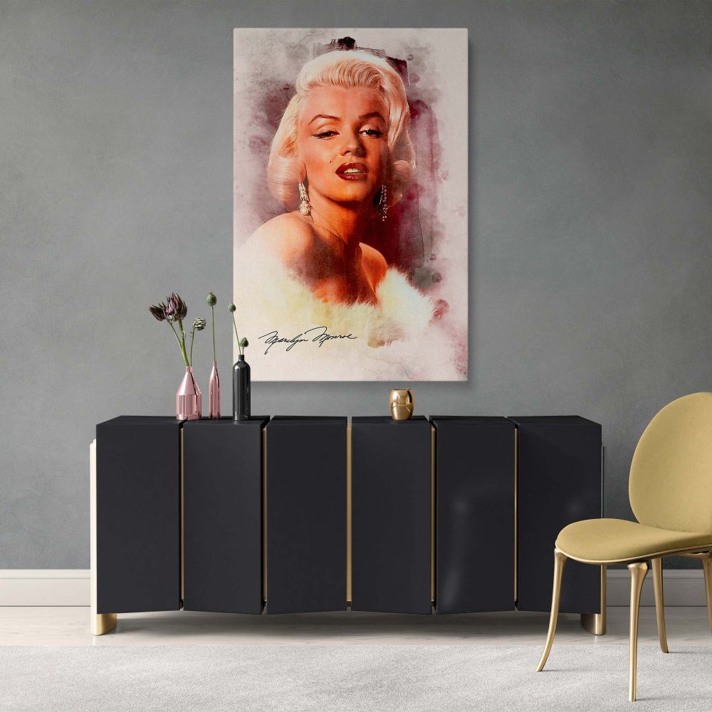 A romantic watercolor portrait of Marilyn Monroe in fur with her signature ideal for retro wall art collectors and fans of classic actress glamorous vintage Hollywood canvas prints.