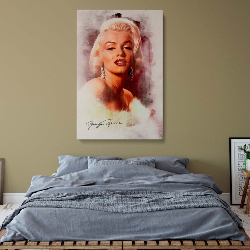 Marilyn Monroe canvas with watercolor texture and fur stole featuring her signature for vintage Hollywood and classic actress retro wall art decor.