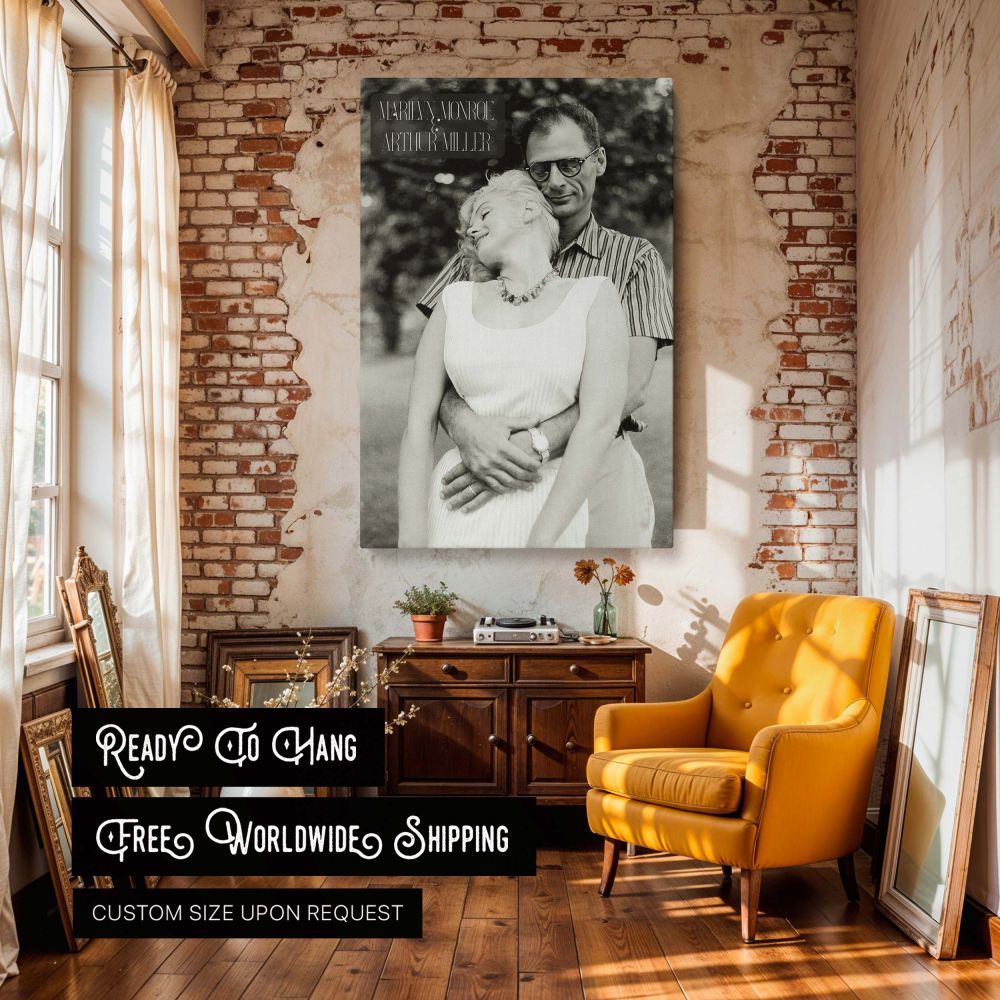 Marilyn Monroe smiling with her head tilted lovingly in front of Arthur Miller in this emotional monochrome portrait print ideal for those seeking a romantic retro Hollywood art piece that captures a candid moment of affection between a movie legend and a