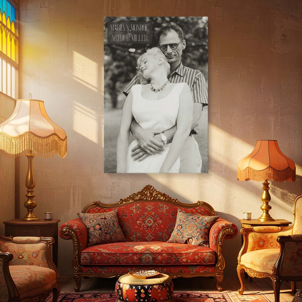 Retro love photography print featuring Marilyn Monroe held by Arthur Miller under trees a vintage tribute to Hollywood romance and timeless couple imagery perfect for literary lovers and fans of 1950s cultural icons and celebrity decor.