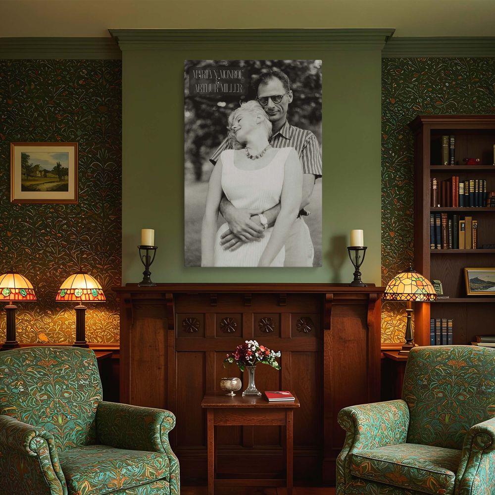 Marilyn Monroe resting with joy in Arthur Miller's arms in a heartfelt black and white art print perfect for romantic home decor vintage Hollywood wall art and lovers of cinematic and literary couples of the past era.