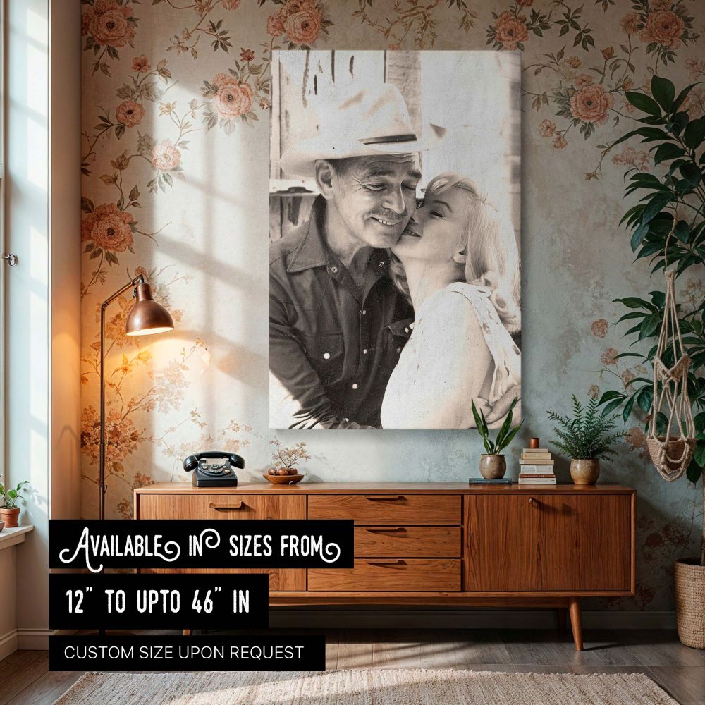 Marilyn Monroe embracing a smiling man in a cowboy hat in this emotional black and white photo print vintage wall decor for fans of classic Hollywood photography and romantic moments from retro cinema Monroe's elegance and charm are beautifully captured i