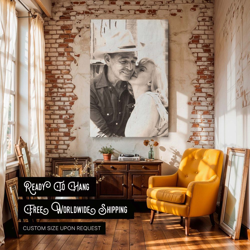 Vintage photo print featuring Marilyn Monroe in a heartfelt pose with a man in a cowboy hat an expressive and nostalgic tribute to old Hollywood perfect for collectors of celebrity wall art and those who love intimate black and white portraits with timele