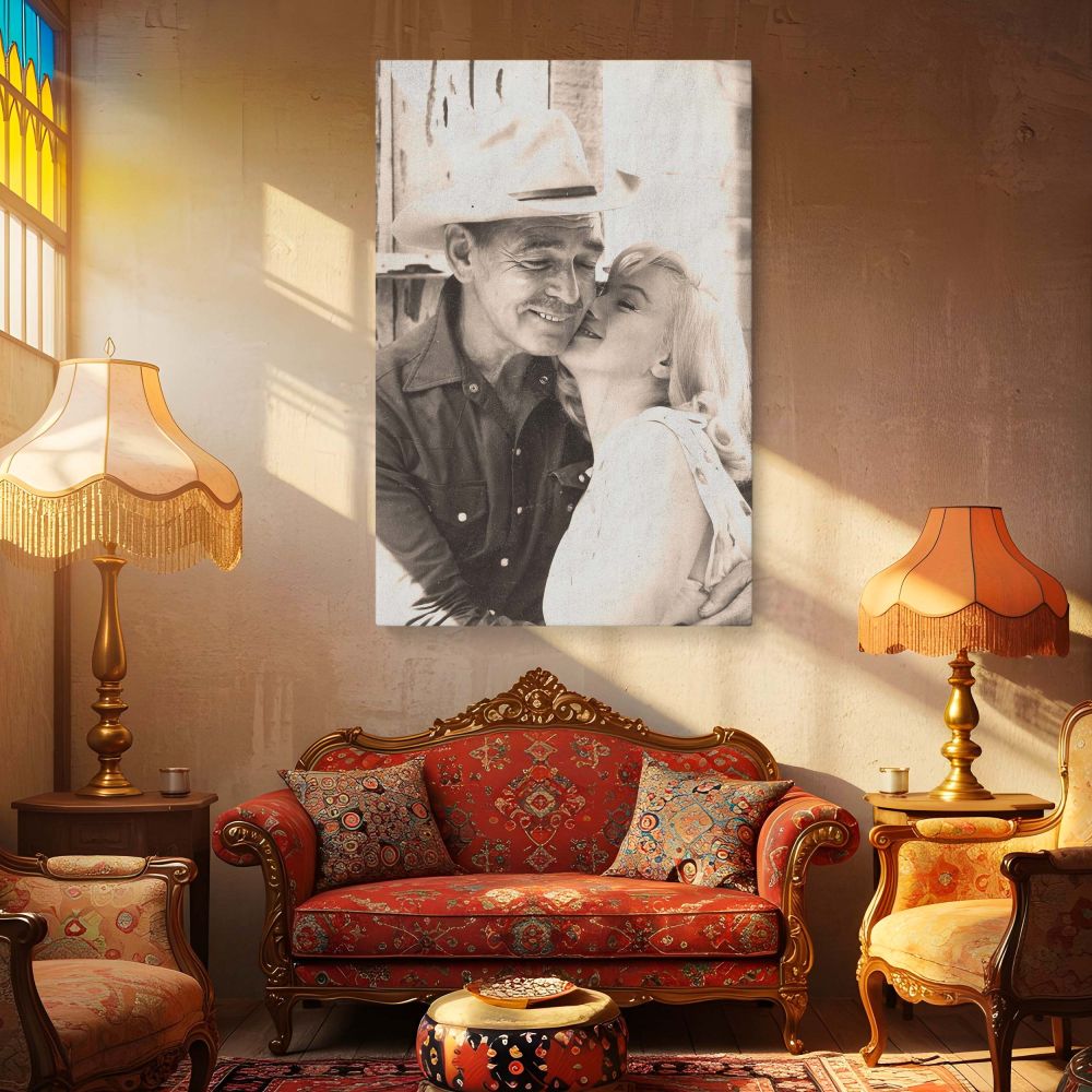 Elegant black and white vintage photograph of Marilyn Monroe leaning into a man in a cowboy hat perfect for wall decor that blends emotional storytelling and classic film star charisma Monroe's soft expression adds depth and beauty to this timeless artwor