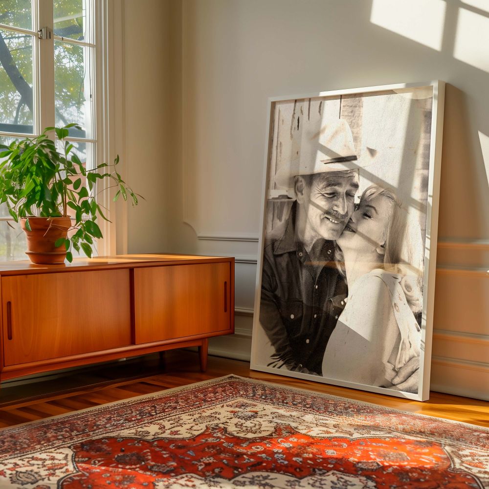 Timeless black and white image of Marilyn Monroe and a man dressed in a cowboy hat sharing a close heartfelt moment this photo print exudes vintage charm and emotional connection perfect for those who appreciate the softer side of old Hollywood legends.