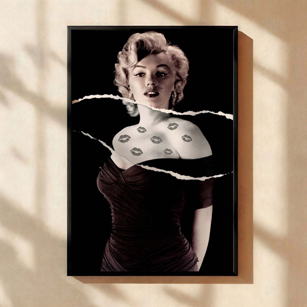 This edgy Marilyn Monroe canvas print features a torn visual effect and kiss mark tattoo accents on her shoulder highlighting a striking fusion of vintage film photography and contemporary fashion art for bold woman decor and stylish Hollywood wall art co