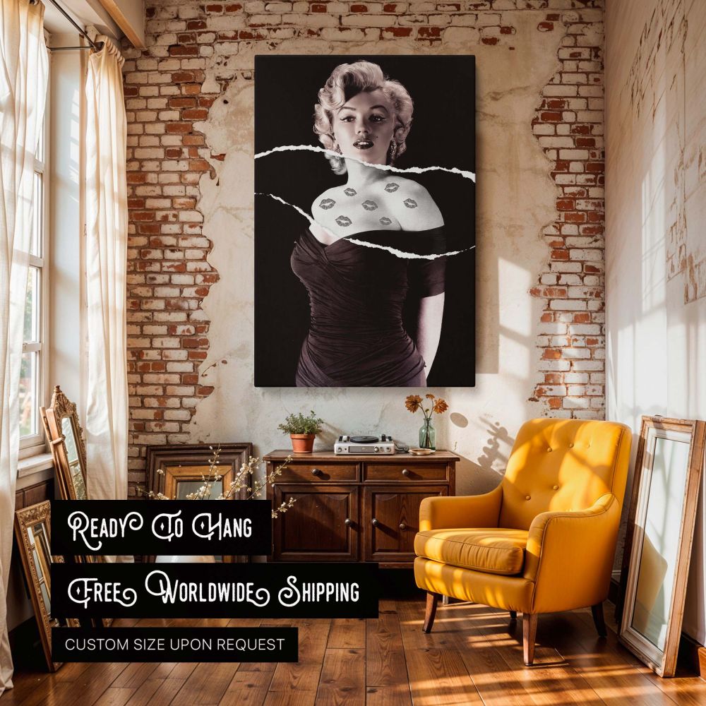 Black and white canvas artwork of Marilyn Monroe with a ripped overlay revealing lip prints symbolizes layered femininity and iconic beauty perfect for vintage glamour lovers who want an expressive and modern take on timeless celebrity wall art.