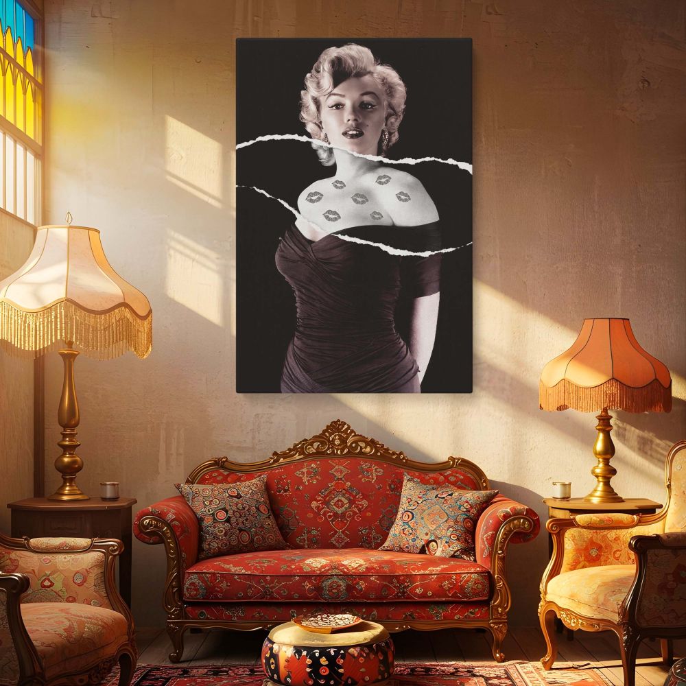 Unique Marilyn Monroe wall art with kiss tattoos and torn composition brings together retro elegance and pop culture symbolism making it an eye-catching canvas for anyone looking to enhance their bold woman decor or collect iconic celebrity portraits.