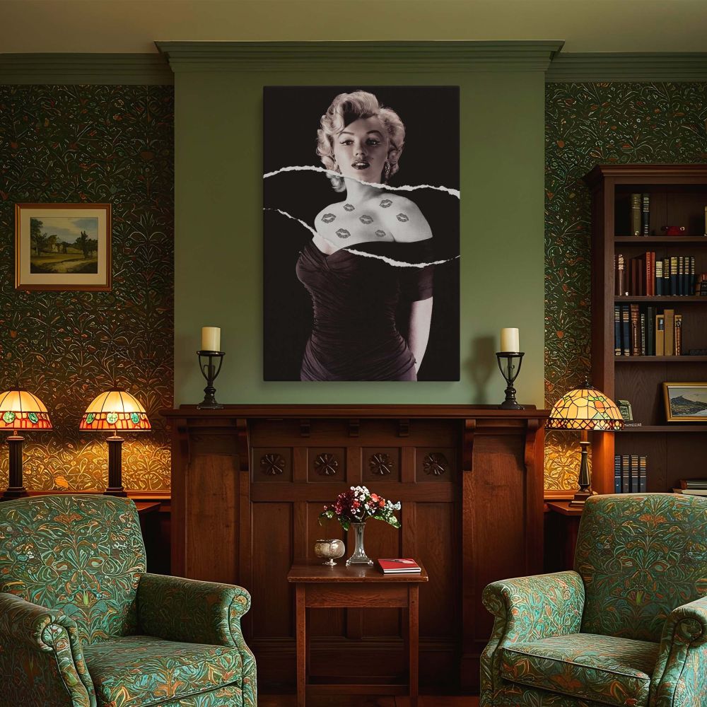 Bold artistic canvas featuring Marilyn Monroe in a ruched dress with kiss print tattoos revealed through torn sections adds high contrast drama to Hollywood wall art collections blending vintage style with fierce modern feminine expression.