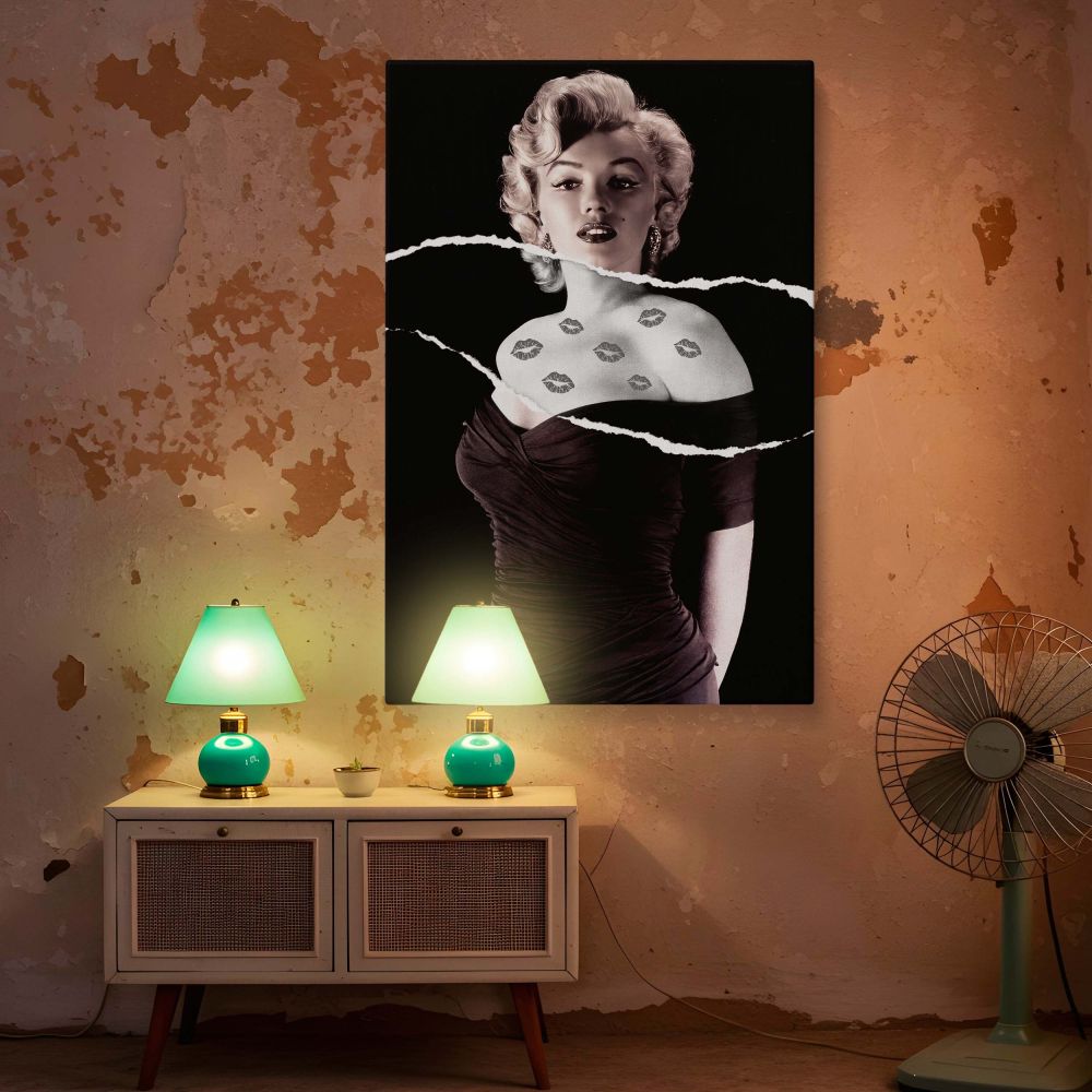Torn paper style Marilyn Monroe portrait with lip print tattoo accents on her skin redefines black and white wall decor by merging timeless old Hollywood charm with bold woman decor making it a powerful canvas for stylish interiors.
