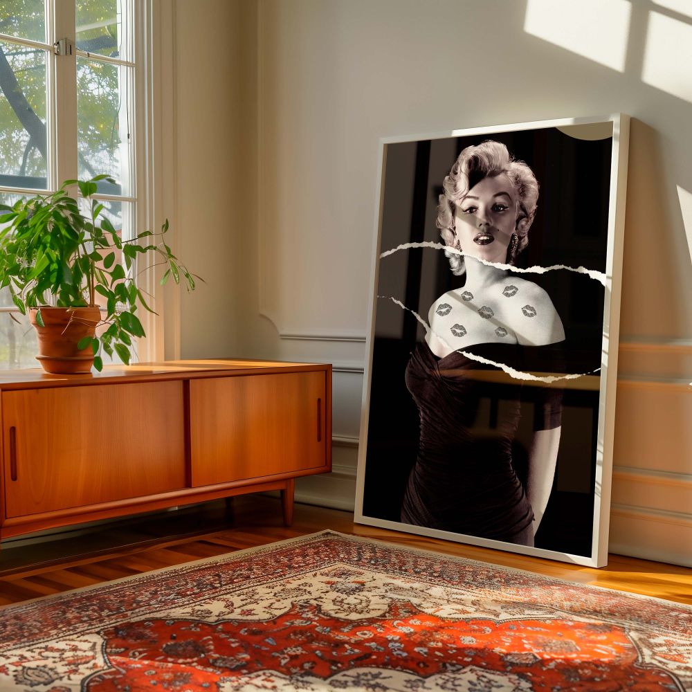 Iconic Marilyn Monroe canvas print that artistically juxtaposes vintage glamour with torn collage effect and symbolic kiss tattoo design offering a bold statement for any room needing a mix of drama elegance and artistic storytelling.