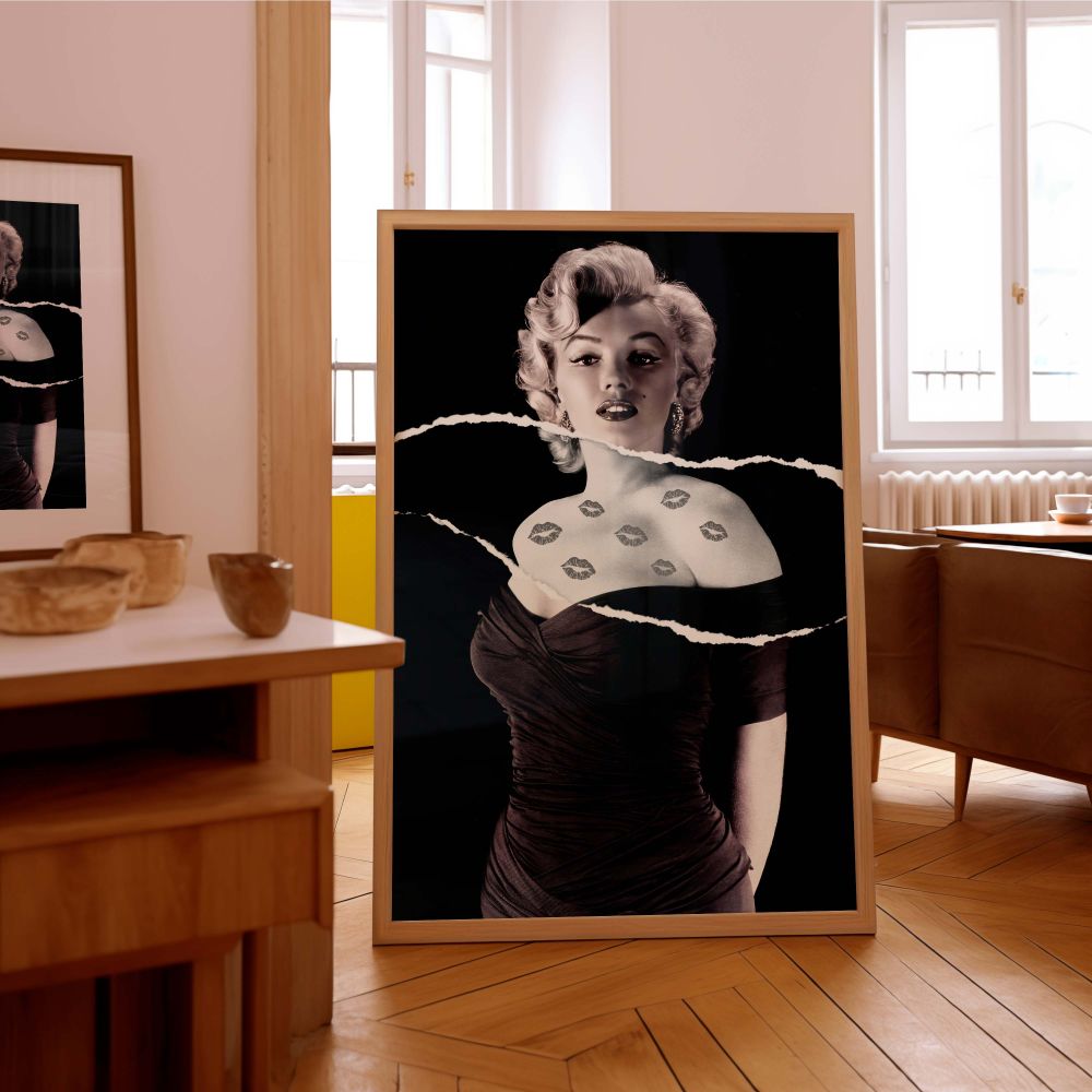 Monroe kiss tattoo canvas wall art in grayscale with ripped visual styling adds a daring and creative layer to classic Hollywood imagery making it ideal for modern fashion-forward decor and vintage celebrity-inspired spaces.