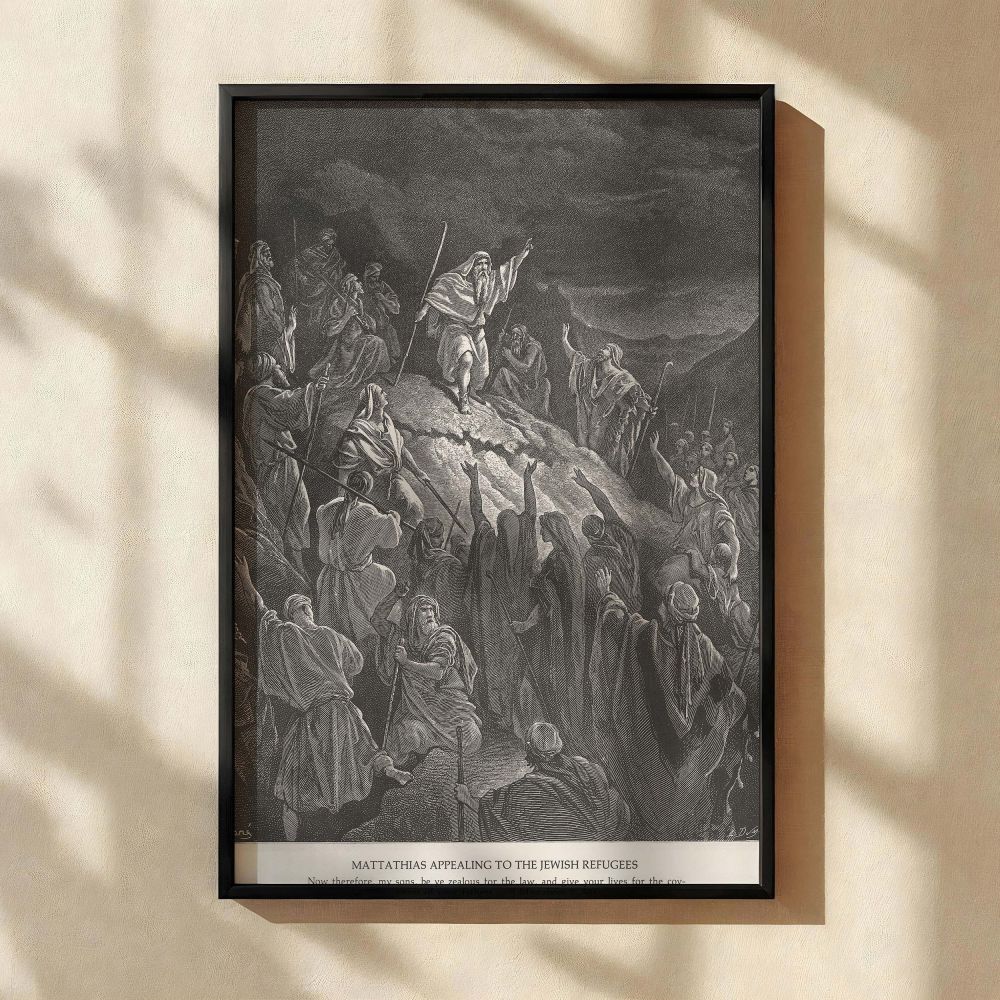 Gustave Dore's depiction of Mattathias calling out to Jewish refugees is captured in this monochrome wall canvas, filled with movement and energy. Set against a mountainous backdrop, Mattathias raises his arm in a plea for courage and resistance. Around h