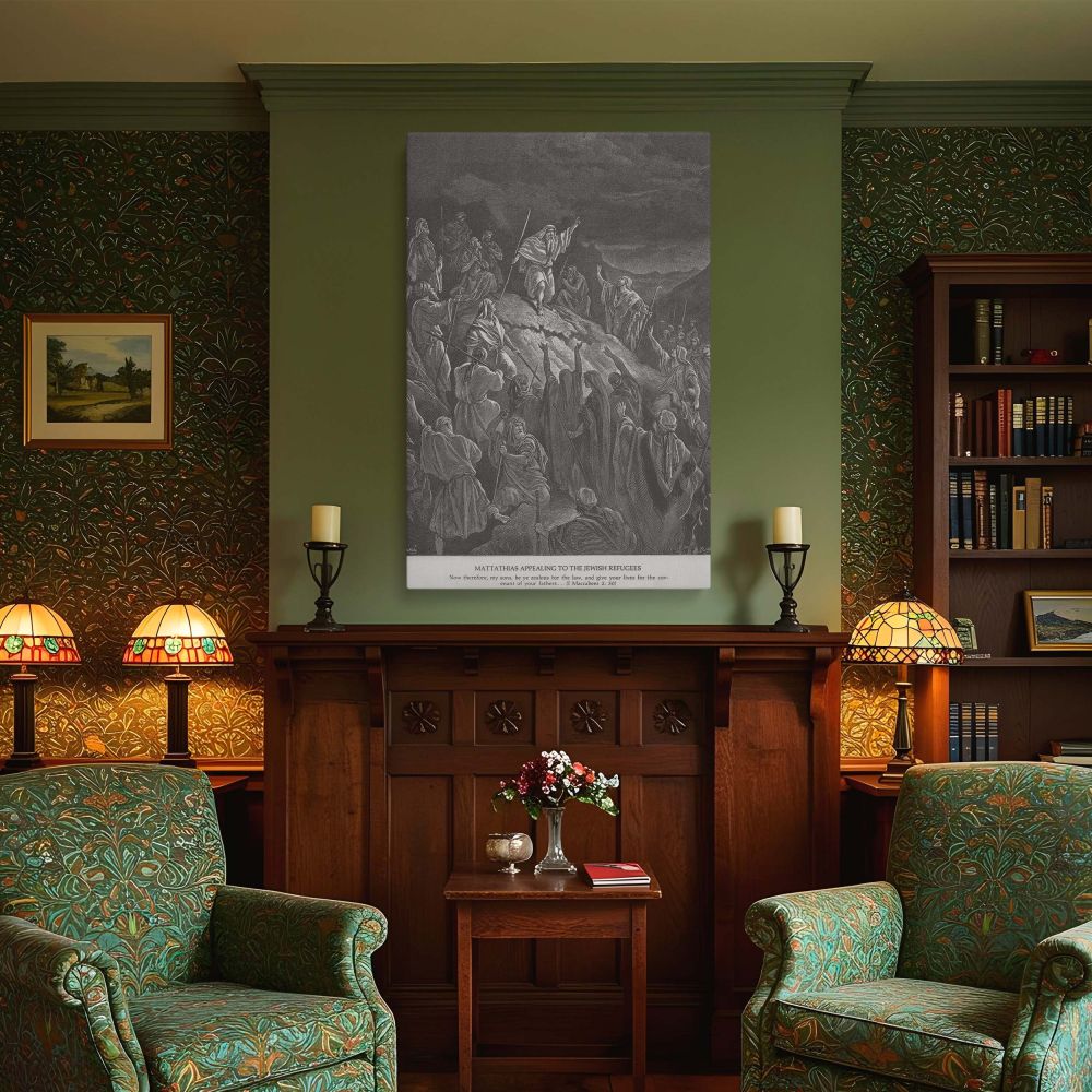 A commanding visual of biblical leadership is portrayed in this Gustave Dore wall canvas, featuring Mattathias appealing to refugees under a storm-filled sky. The figures are arranged in dynamic poses across uneven rock, all facing the central speaker. Th