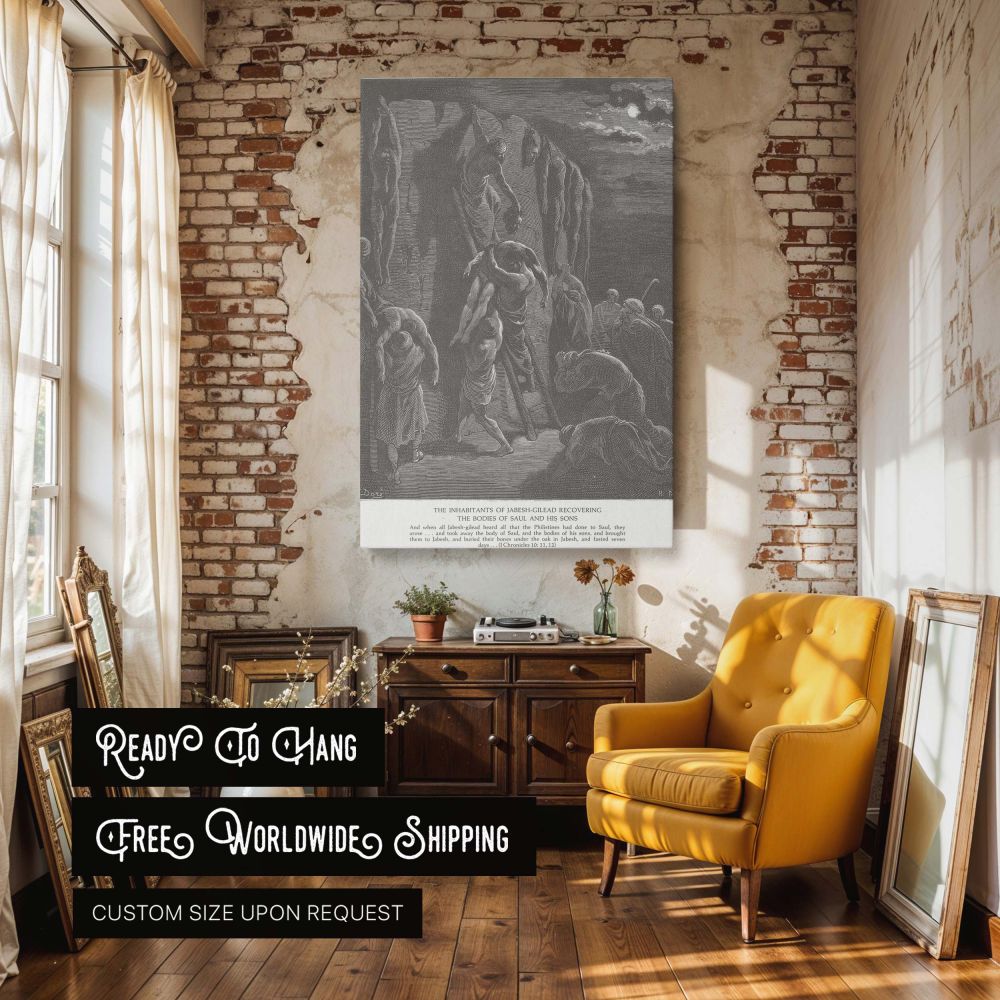 This expressive canvas wall print showcases Gustave Dore's emotional artwork portraying the retrieval of King Saul and his sons' bodies by the Jabesh-Gileadites. Rendered in intricate black and white etching, the artwork reflects mourning and divine oblig