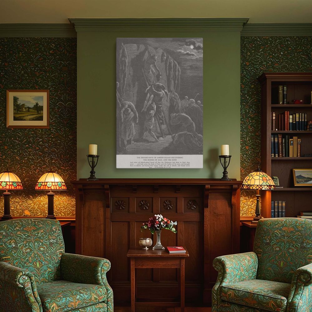 A profound biblical scene by Gustave Dore is brought to life in this monochromatic canvas wall art. The Jabesh-Gileadites, silhouetted under a solemn moon, climb to reclaim the bodies of Saul and his sons. With visual emphasis on ritual, grief, and spirit