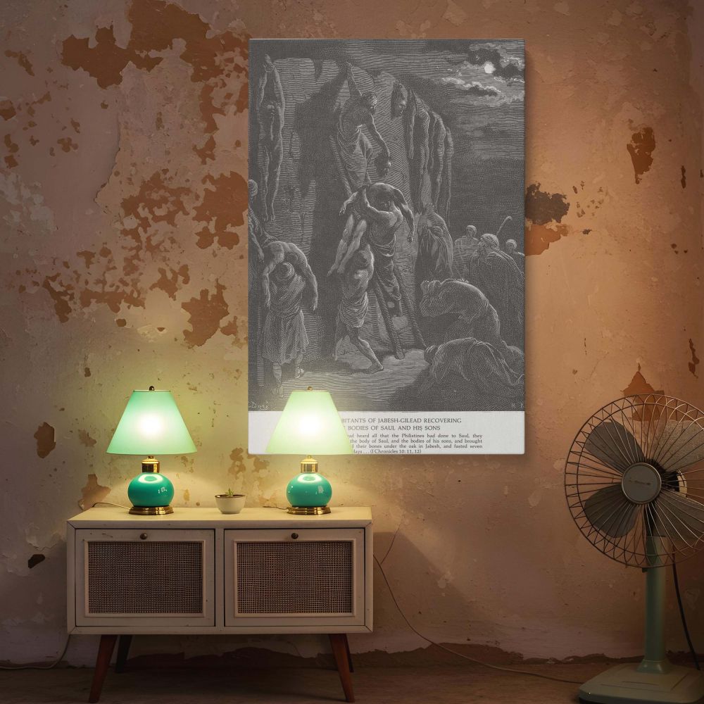 This wall canvas depicts Gustave Dore's stunning biblical illustration, showing the Jabesh-Gileadites retrieving Saul's body from public display. Moonlight spills over the mourners and ladder-bearing men, infusing the scene with spiritual energy and histo
