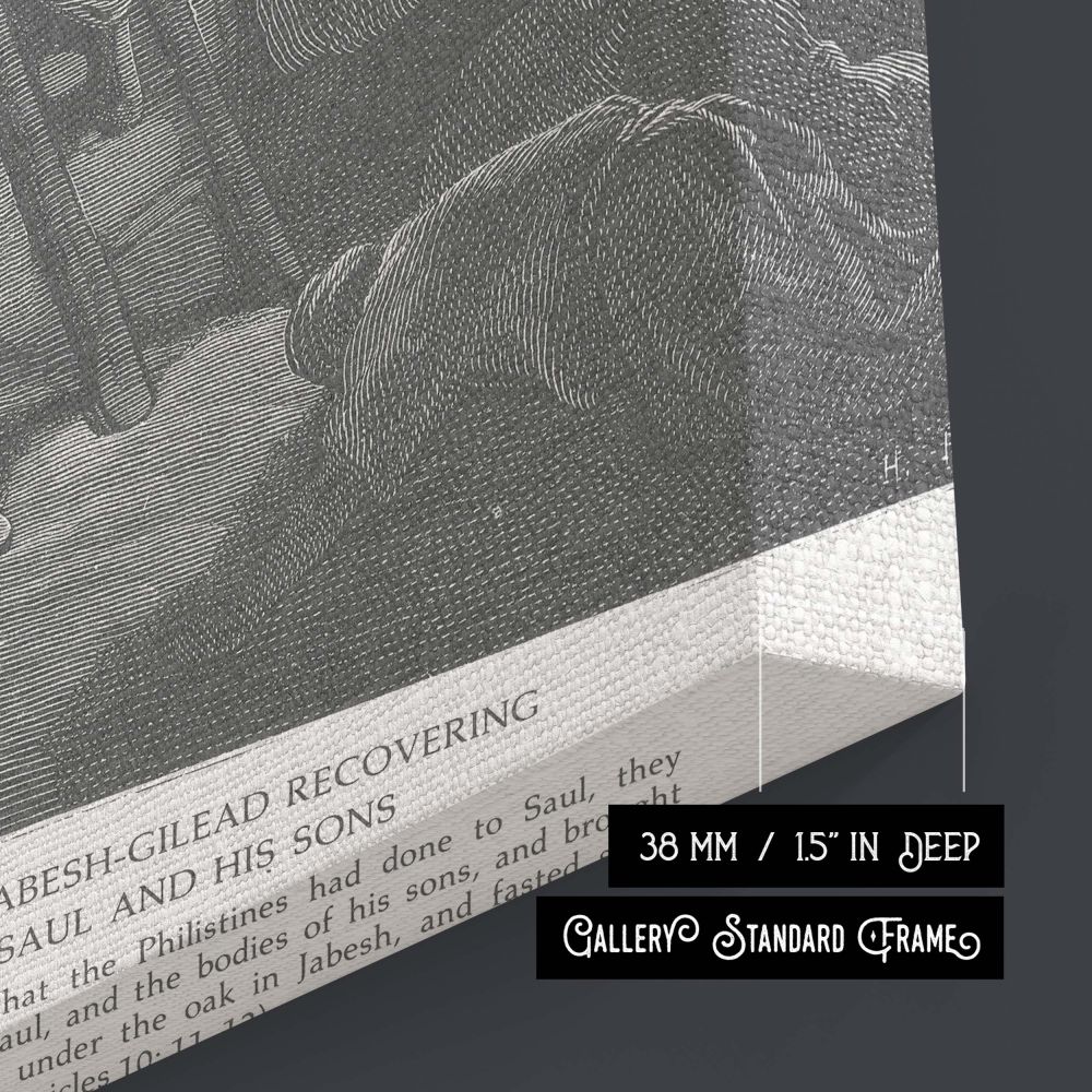 A sacred and sorrowful biblical narrative unfolds in this grayscale canvas wall print featuring Gustave Dore's detailed etching. The Jabesh-Gileadites climb a stark wall beneath a moonlit sky to recover Saul and his sons' bodies. The composition's dark to