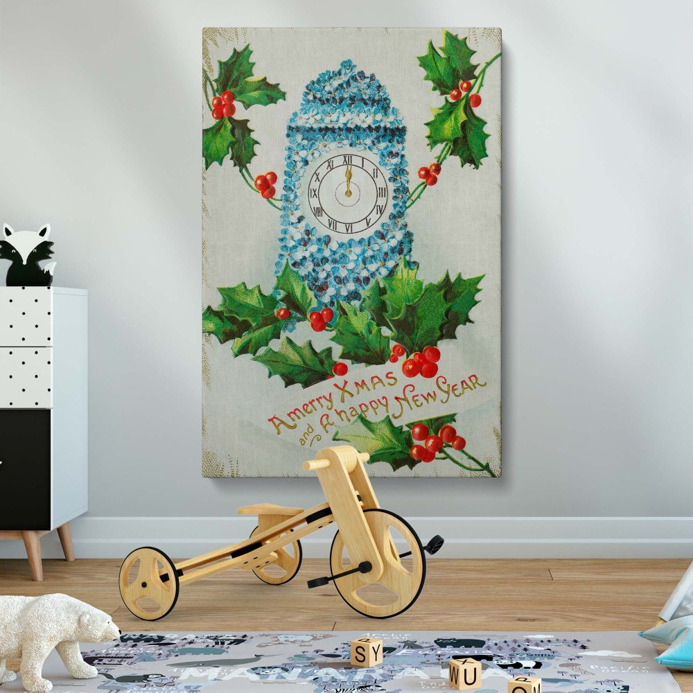 Nostalgic framed Christmas wall art featuring a historical 1910 holiday greeting card with a decorative clock, festive holly leaves, and bright red berries, a vintage Christmas artwork ideal for seasonal home decor and holiday collectors.
