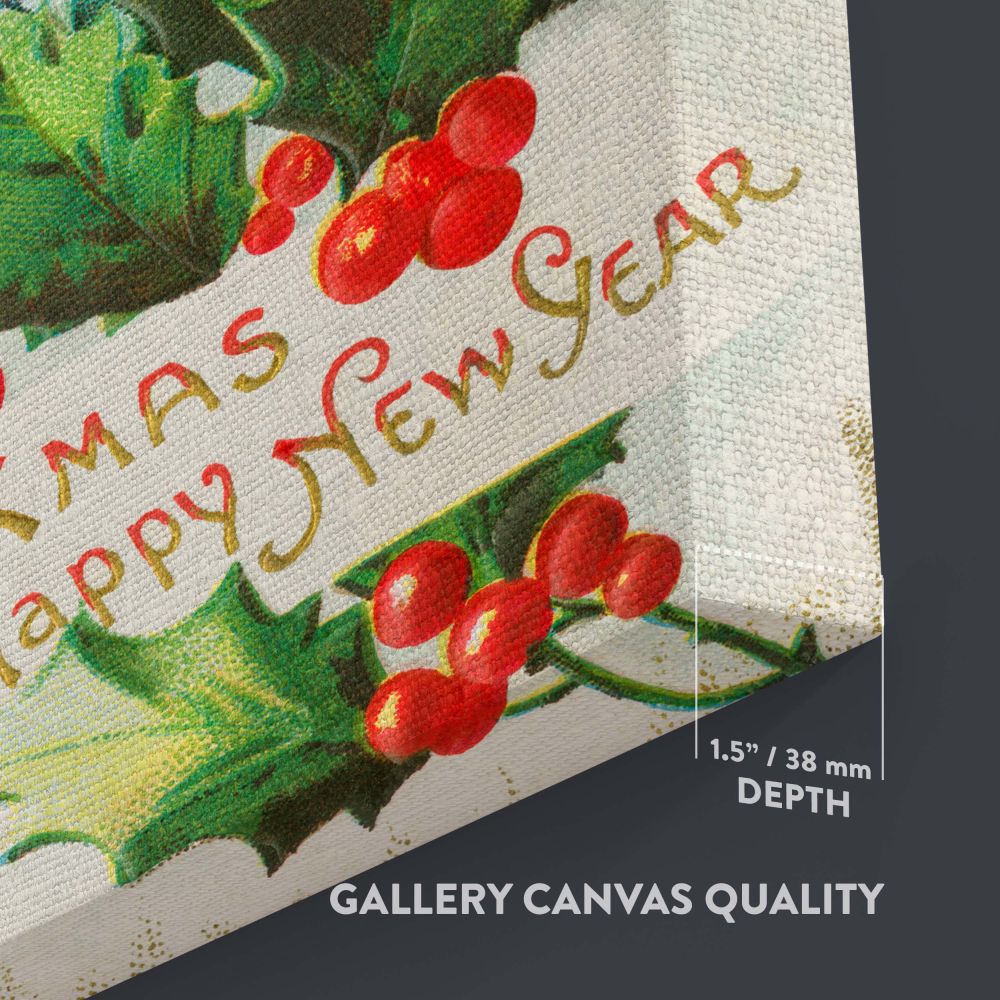 Elegant framed Christmas wall art reproduction of a 1910 holiday card, featuring a midnight clock, holly, and gold-lettered text, a timeless nostalgic holiday print perfect for festive decorating, gift-giving, and seasonal wall displays.