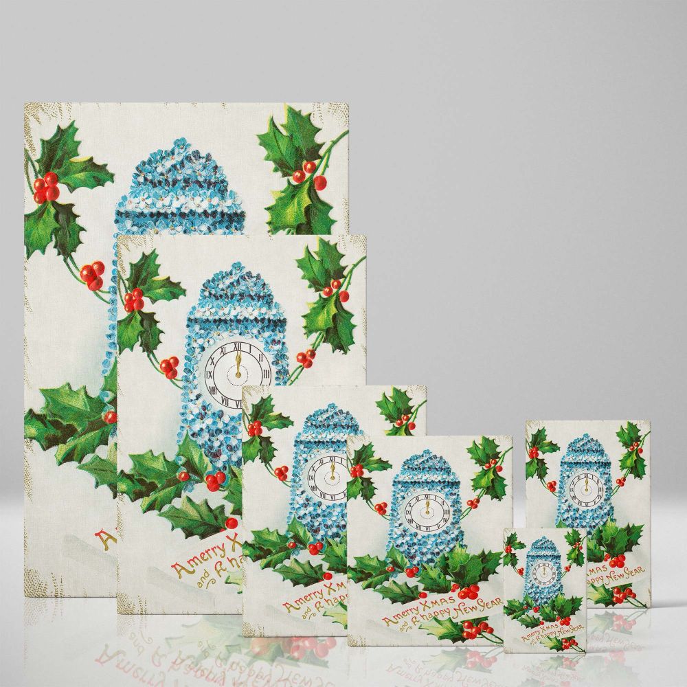 High-quality vintage Christmas wall print featuring a beautifully detailed 1910 holiday greeting card with an ornate clock striking midnight, a charming seasonal canvas print perfect for home, office, or traditional holiday decorating.