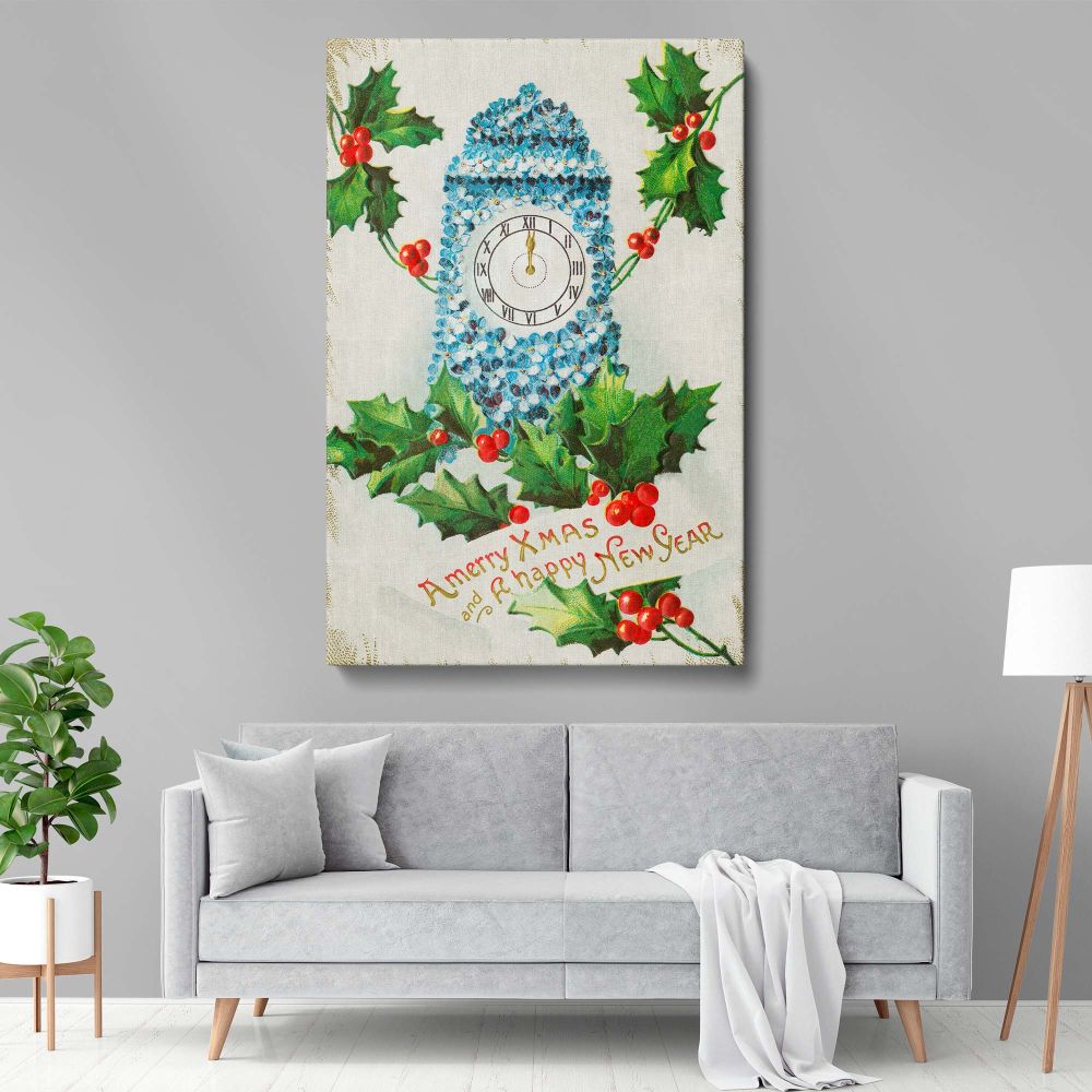 A Merry Christmas and a Happy New Year 1910 framed holiday canvas wall art featuring a classic vintage clock, festive holly, and berries, a nostalgic Christmas artwork perfect for cozy seasonal decor and holiday gift ideas.