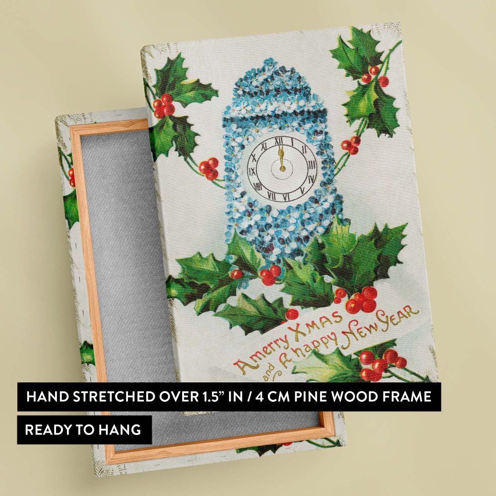 Victorian-style Christmas canvas wall art featuring a reproduction of a 1910 holiday card with a decorative clock and festive holly leaves, an elegant seasonal artwork perfect for winter home decor, offices, and nostalgic collectors.