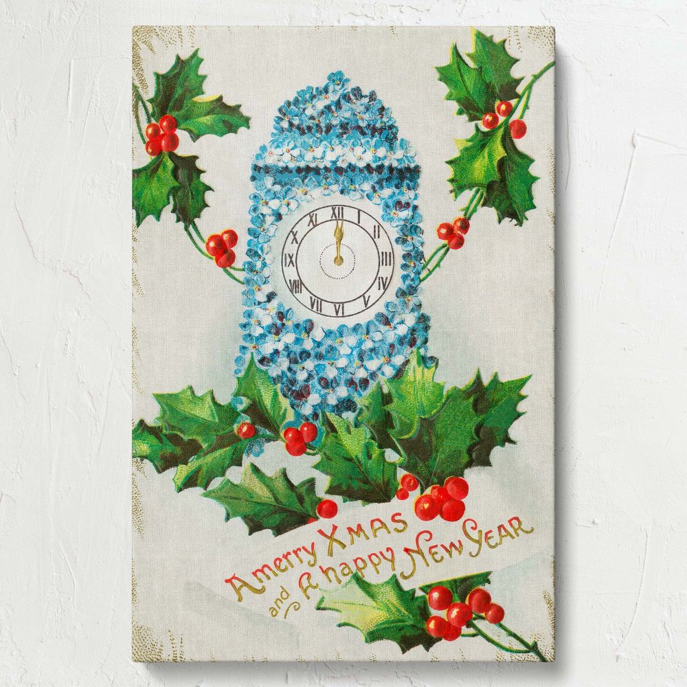 Christmas clock-themed framed wall art featuring a 1910 holiday card reproduction with blue floral designs, bright red holly berries, and gold lettering, a perfect vintage-inspired Christmas decoration for classic holiday decor lovers.