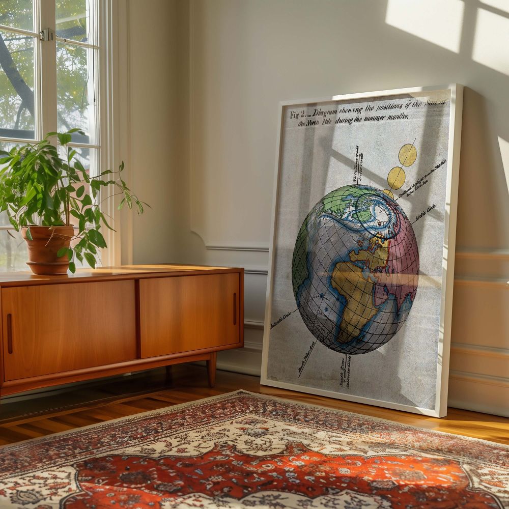 Antique-style canvas wall art featuring a diagrammatic view of the globe with sunlight angles during summer solstice, including the Arctic Circle and equator, printed in vintage tones for both informative and decorative use.