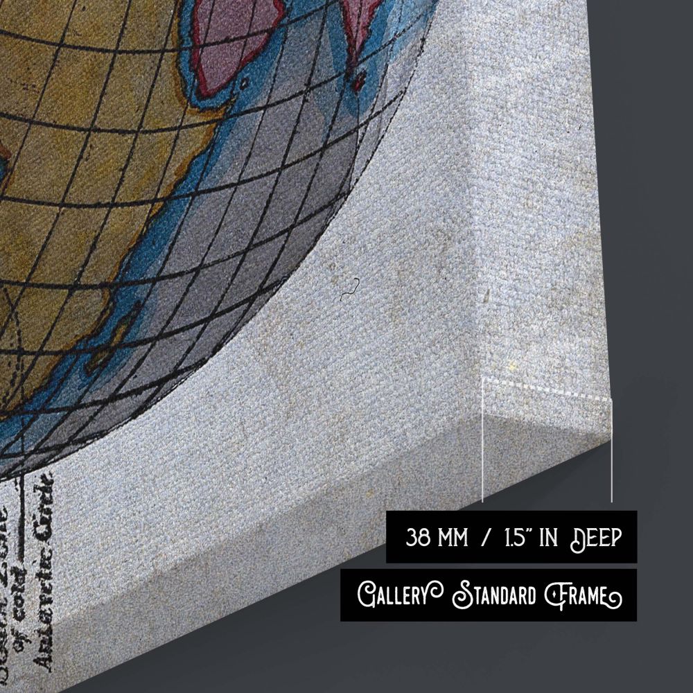 This canvas wall art captures a vintage lithograph of the Earth and sun showing polar day and summer axial tilt with yellow solar illustrations and map details, offering a unique decor piece that blends history, science, and visual charm.