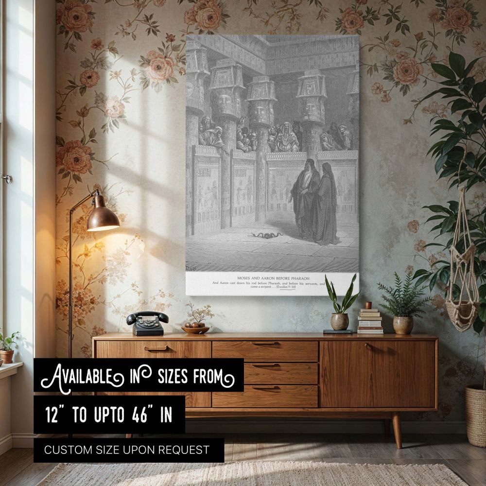 This wall canvas features Gustave Dore's detailed engraving of Moses and Aaron before Pharaoh, with Aaron's staff transformed into a serpent and the Egyptian court looking on, capturing a moment of divine confrontation and scriptural authority in dramatic