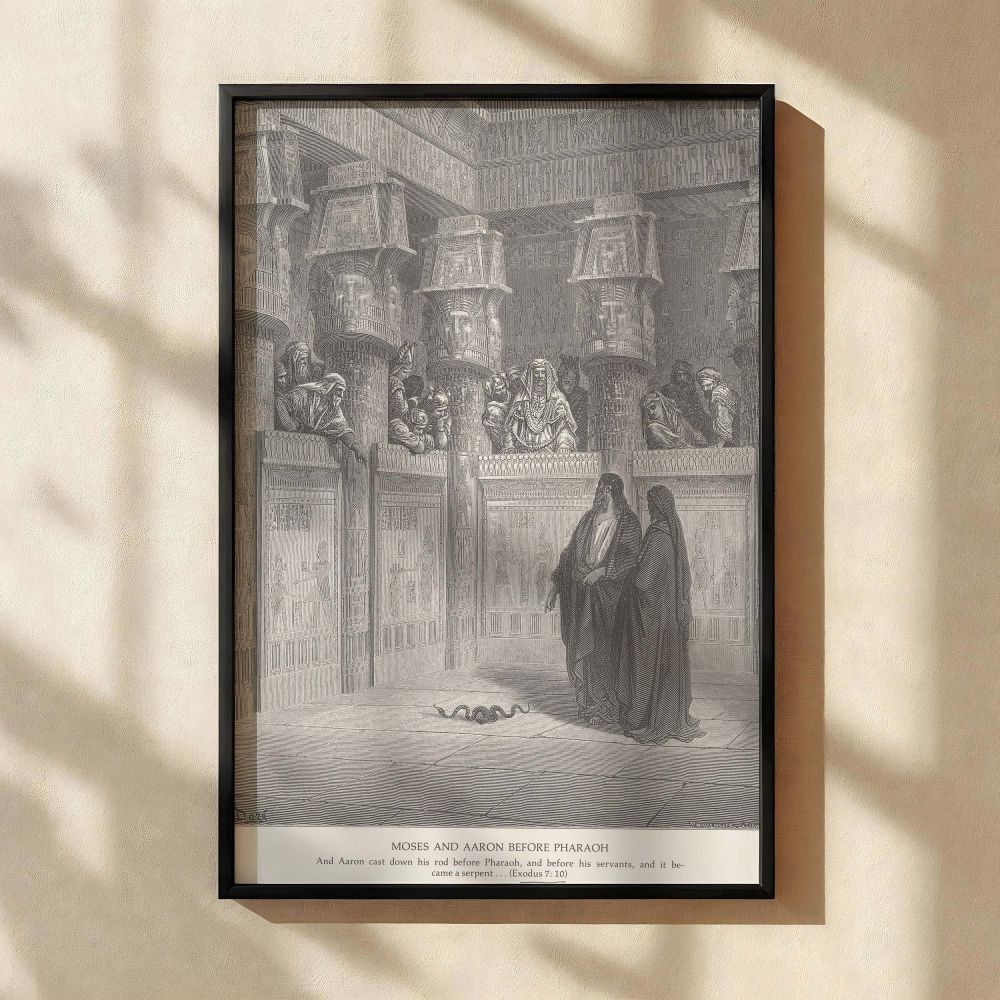 In this wall canvas print, Dore portrays Aaron casting down his rod before Pharaoh and it becoming a serpent, while regal columns and Egyptian officials surround the scene, emphasizing the boldness of God's messengers and the conflict with earthly power.