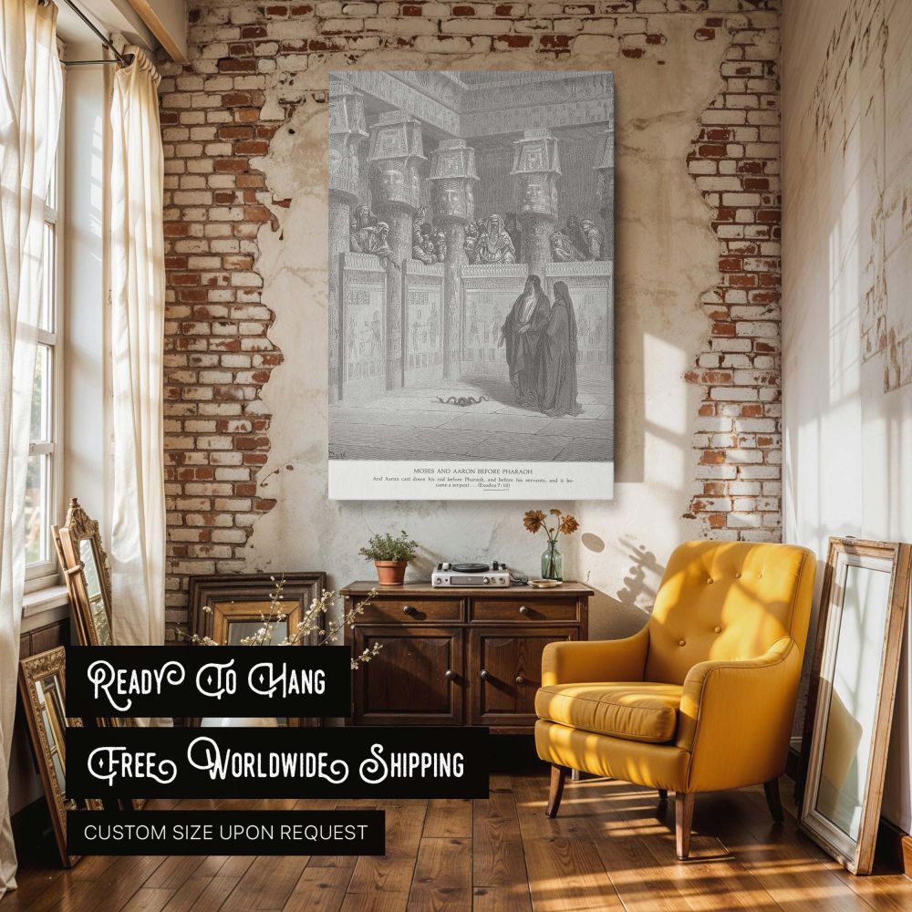 This wall canvas showcases a tense moment in scripture as Moses and Aaron face Pharaoh, performing a sign from God while nobles observe from above, rendered in high-resolution black and white by Gustave Dore, ideal for spaces of faith and biblical reflect