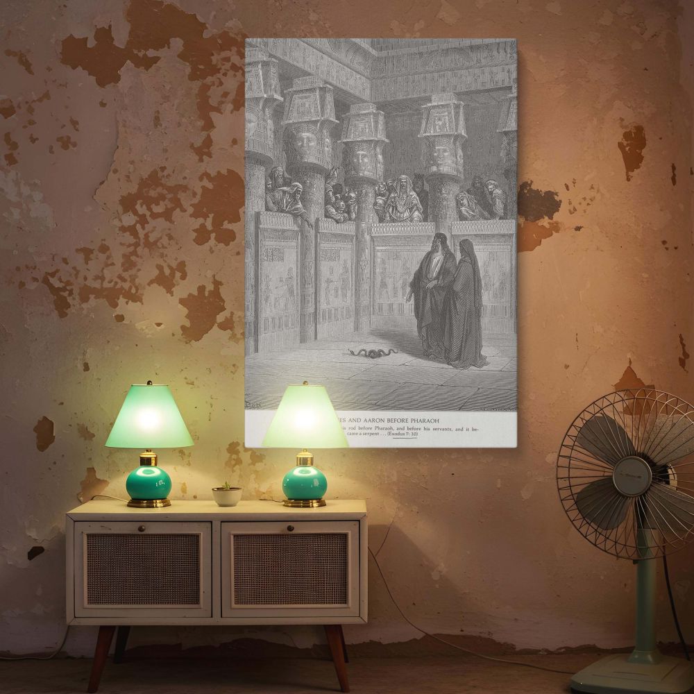 This wall canvas brings to life Dore's depiction of Moses and Aaron confronting Pharaoh, surrounded by detailed Egyptian architecture and officials, as the first sign of God's power is revealed in a moment that sets the stage for the Exodus.