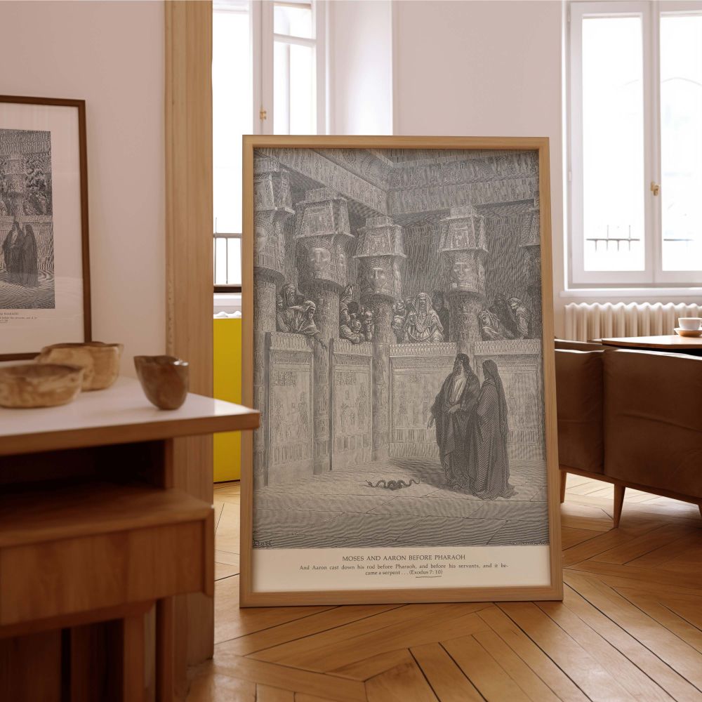 Gustave Dore's engraving of Moses and Aaron before Pharaoh is captured in this wall canvas, showing Aaron's serpent miracle as nobles and servants witness the beginning of God's challenge to Egyptian rule in this spiritually charged composition.