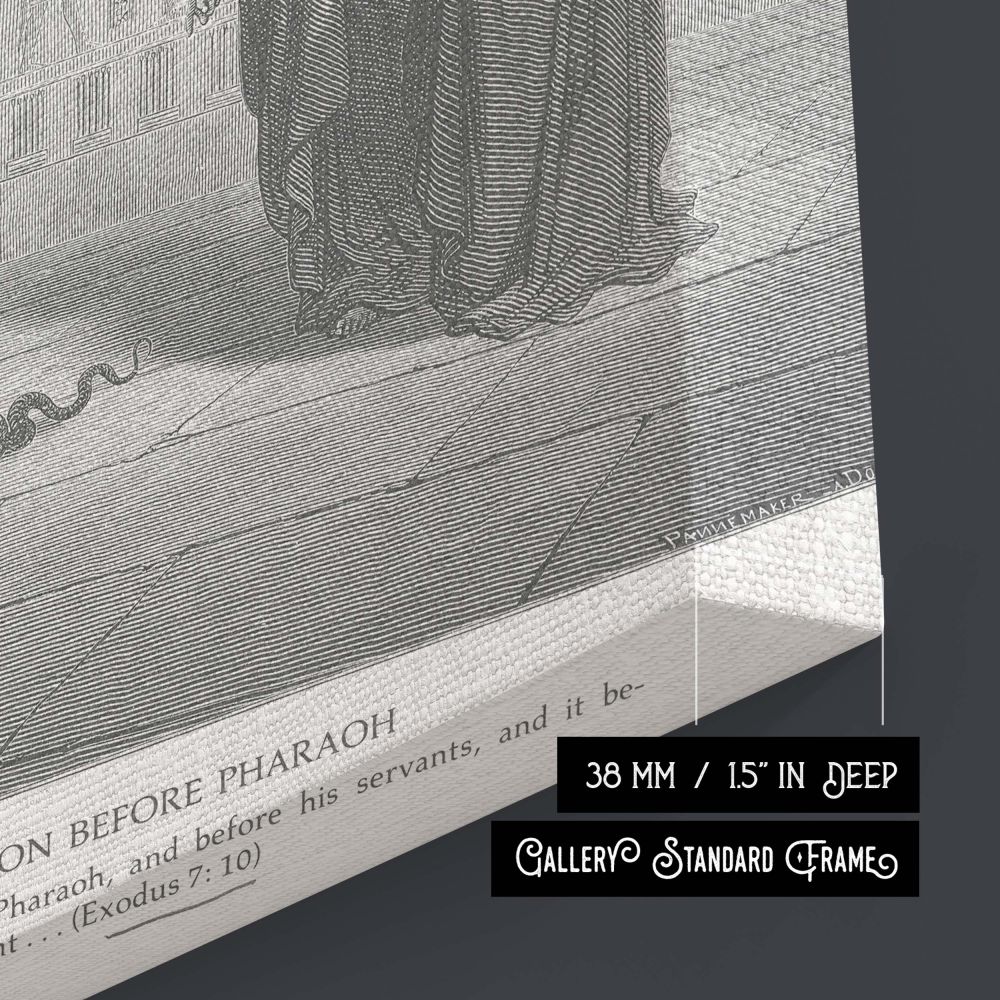 In this wall canvas, Moses and Aaron stand before Pharaoh as a serpent lies at their feet, a sign of God's command, with towering Egyptian columns and enthroned officials watching, portrayed in Dore's classical black and white illustration.