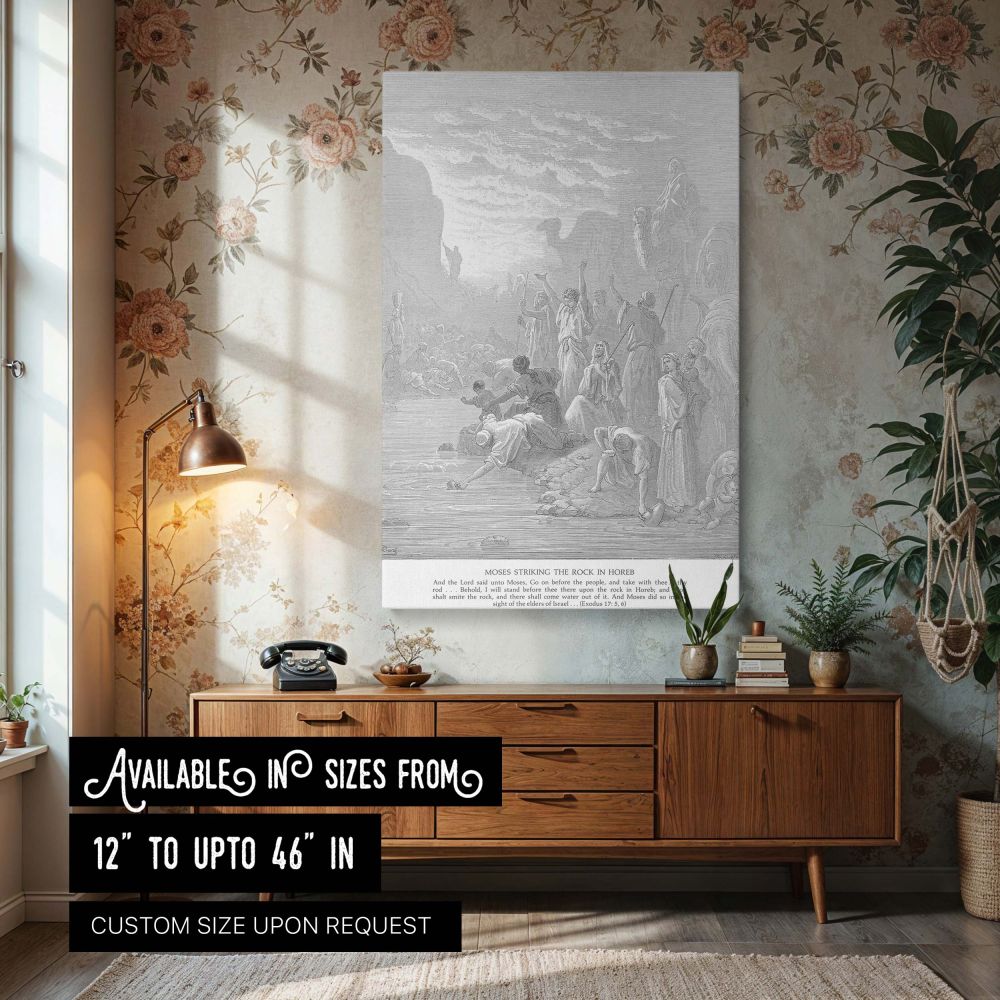 This wall canvas features Gustave Dore's engraving of Moses striking the rock at Horeb as water flows for the Israelites, surrounded by thirsty people gathering at the stream, rendered in dramatic black and white to reflect divine provision and scriptural