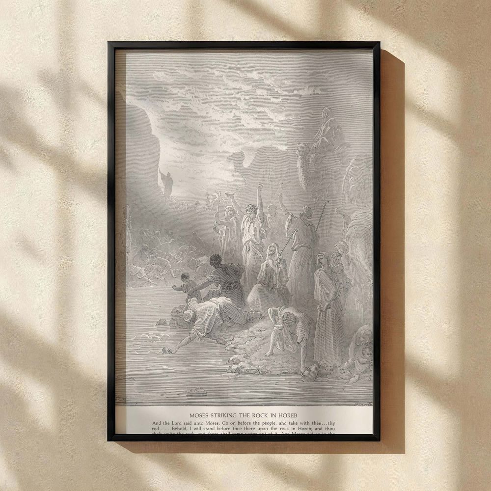 A powerful wall canvas showing Moses in the background striking the rock while water flows for a large group of people, captured in Gustave Dore's detailed engraved style, illustrating the moment of God's mercy and provision during Israel's wilderness jou