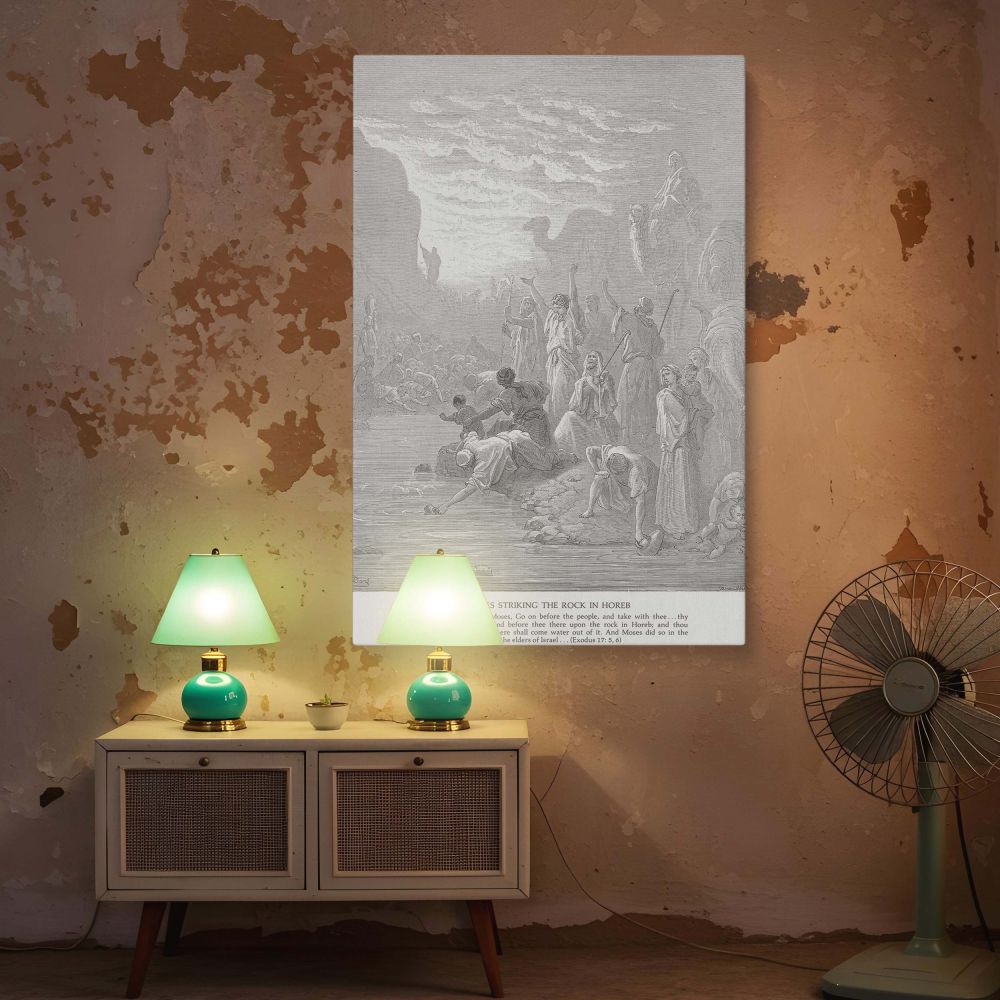 This wall canvas presents the dramatic moment of provision in the desert, where Moses stands at the rock and water flows to a multitude, with Dore's detailed engraving showing movement, emotion, and faith in sacred black and white scripture art.