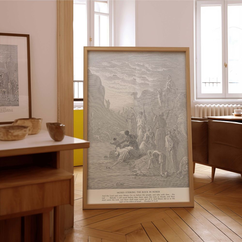 This wall canvas artwork portrays the miracle at Horeb as Dore illustrates the Israelites rushing to drink from the flowing water, while Moses stands as God's chosen leader, all in intricate engraving that emphasizes scripture, survival, and faith.
