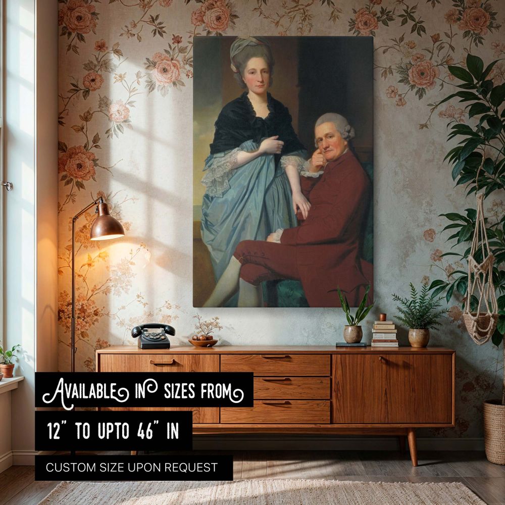 Canvas wall art print of Mr and Mrs William Lindow by George Romney showing a seated man and standing woman in 18th-century attire, a refined vintage couple portrait turned into canvas wall decor, perfect for Georgian-style homes and lovers of classic pai