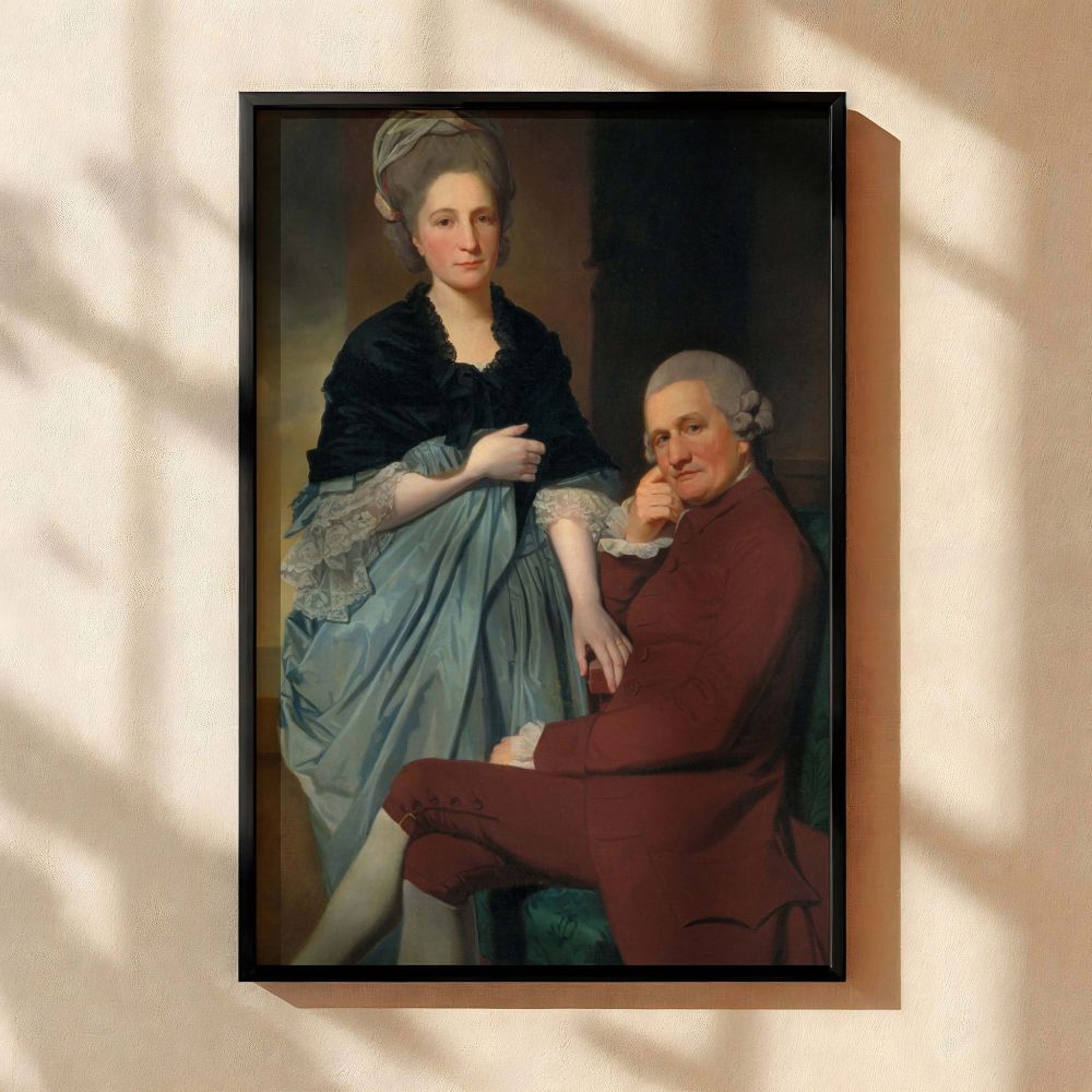 Historical canvas wall art featuring George Romney's Mr and Mrs William Lindow with fine detail in the couple's clothing, posture, and setting, a high-quality framed canvas print ideal for traditional interiors, art history collectors, or classical painti