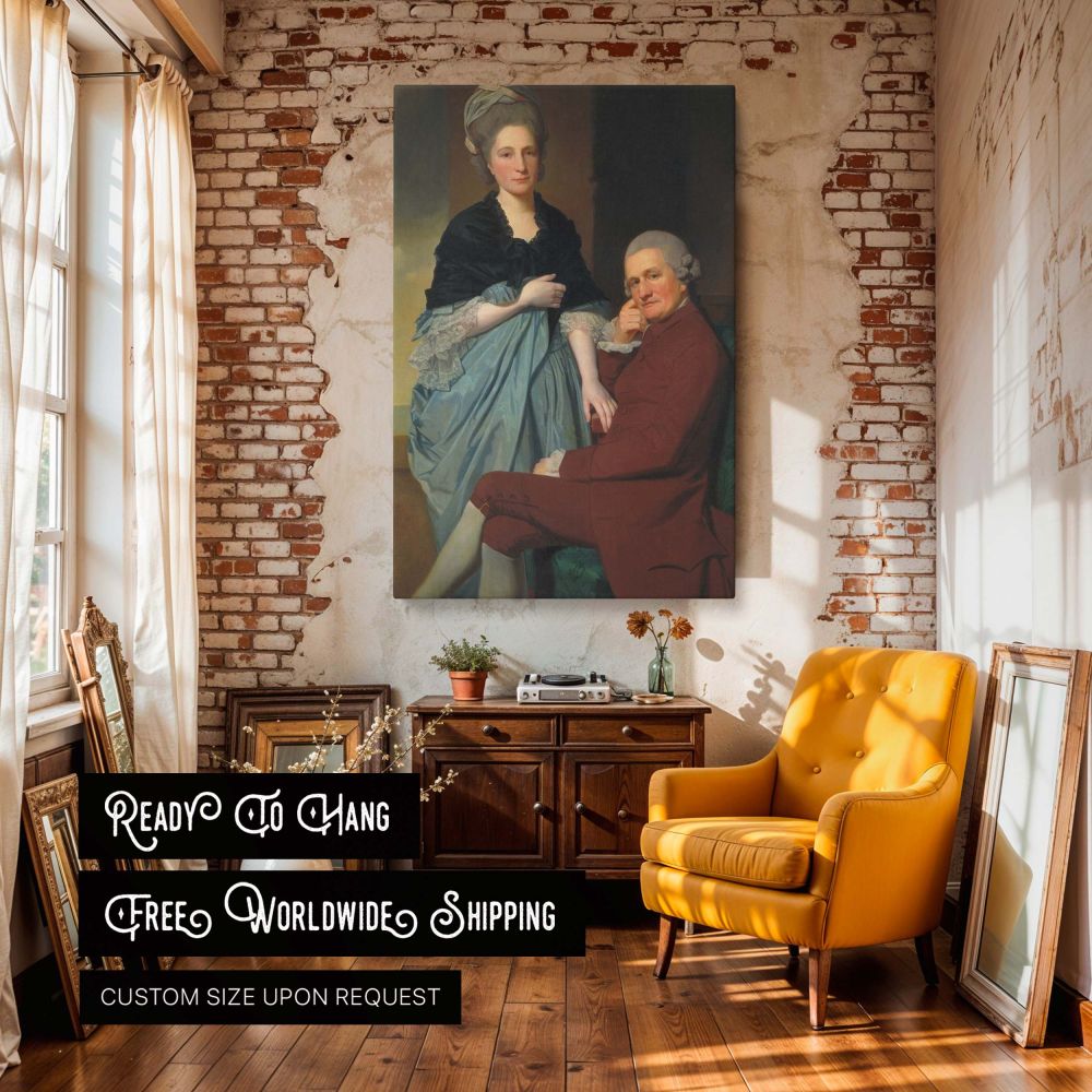 Elegant canvas wall print of Mr and Mrs William Lindow in a formal Georgian portrait setting, showing soft color tones and dignified expressions, a timeless piece by George Romney perfect as romantic couple painting art and vintage home decor.