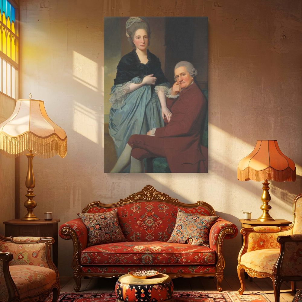 Museum-quality canvas wall art reproduction of George Romney's famous portrait of Mr and Mrs William Lindow, featuring warm tones, formal dress, and a composed domestic moment, ideal for classical decor, vintage wall art collections, or period home interi