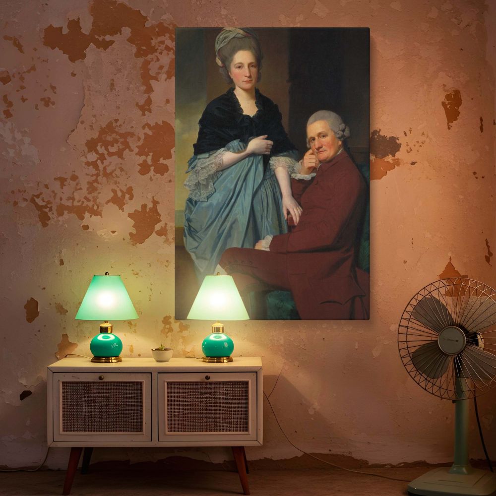 Canvas wall art reproduction of an 18th-century painting by George Romney featuring Mr and Mrs William Lindow, showcasing vintage aristocratic fashion and romantic connection, great for antique-inspired spaces and classic British art enthusiasts.