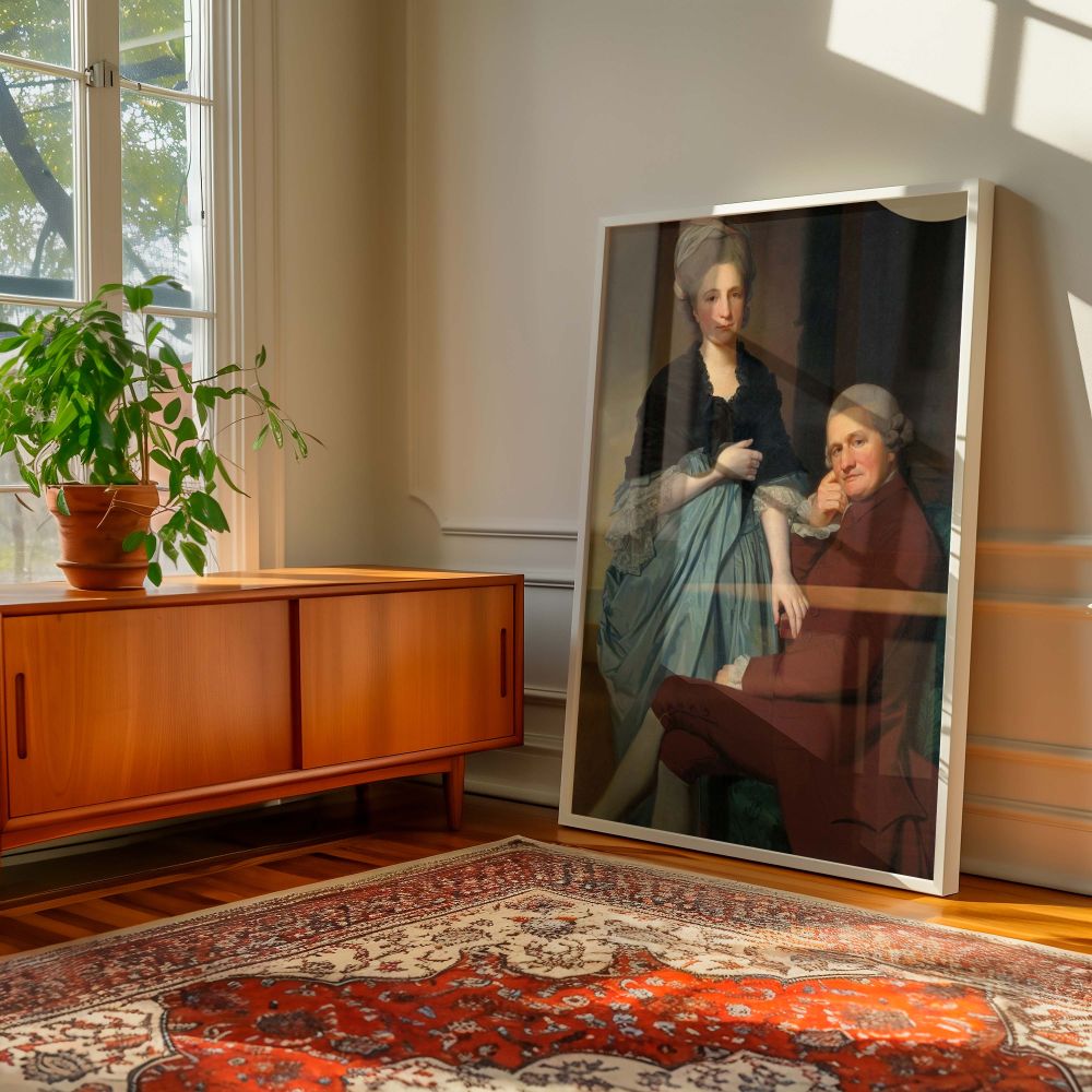 Framed canvas wall decor featuring Mr and Mrs William Lindow by George Romney, showing a well-dressed couple with poised expressions, ideal for traditional homes and those seeking vintage couple painting art for formal spaces or libraries.