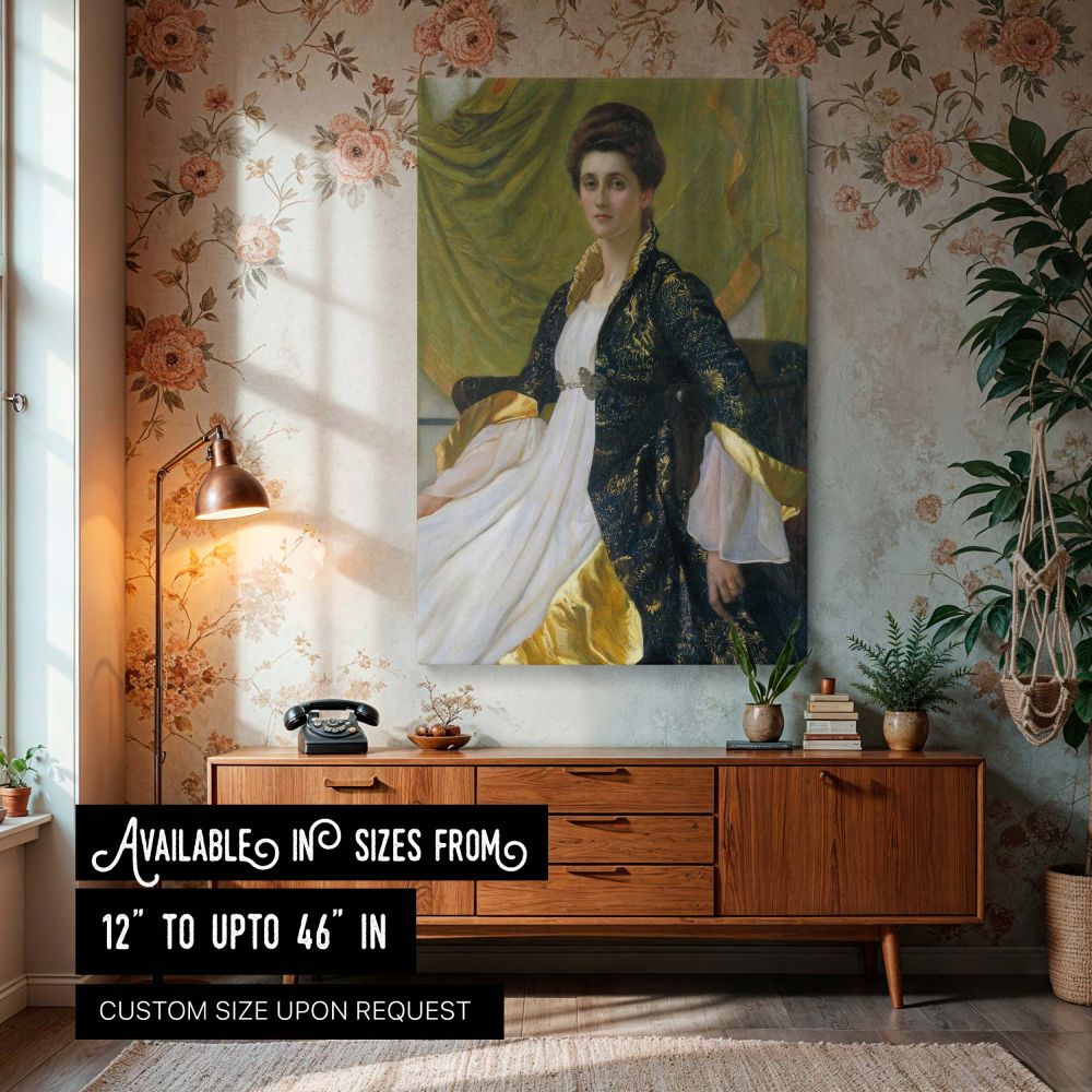 Canvas wall art print of Portrait of Mrs Ernest Moon by Sir William Blake Richmond showing a Victorian woman in a regal dark robe with gold accents and flowing white gown, seated against a green draped background, ideal for vintage wall decor and classic 